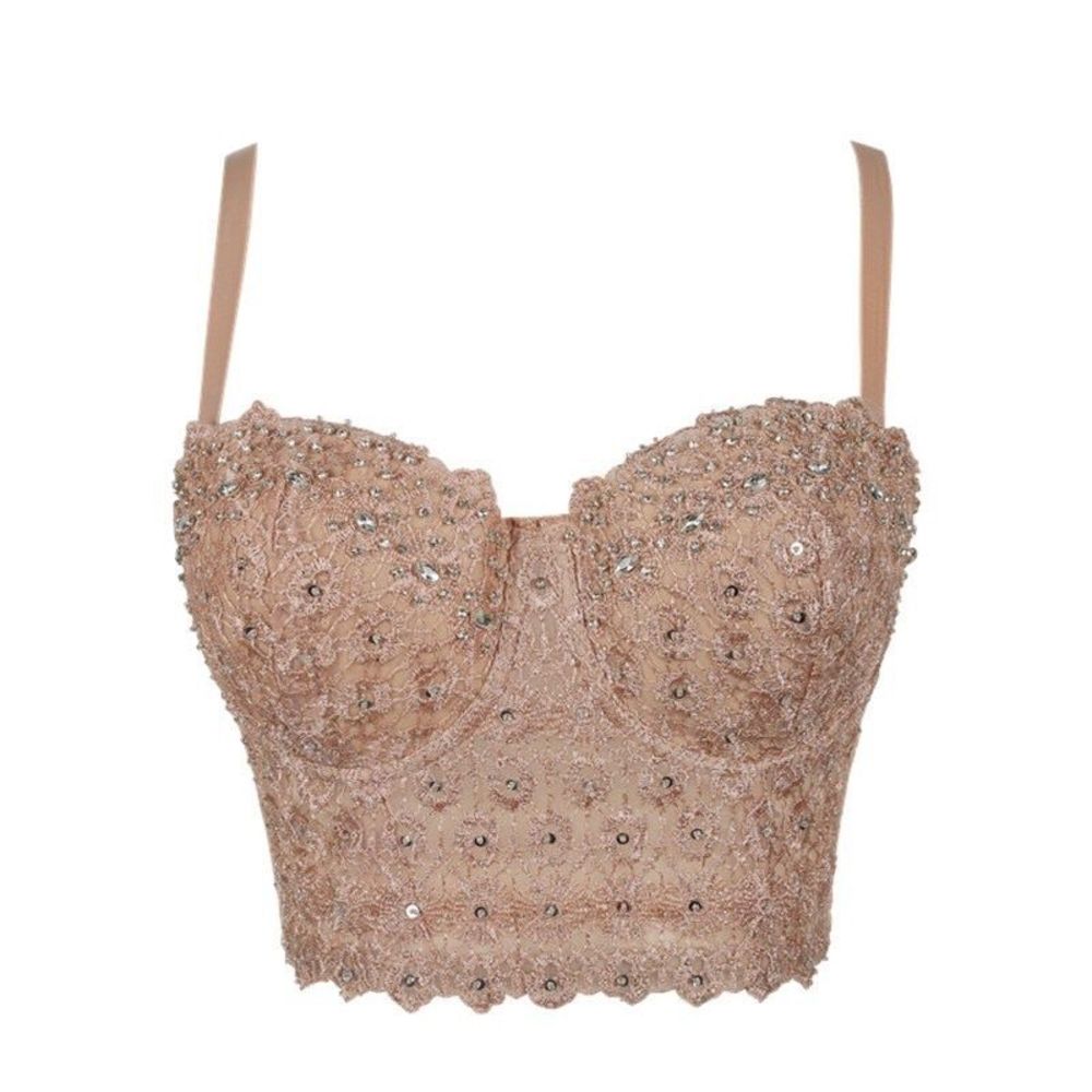 Novalie Rhinestone Corset Style Cropped Top Bustier  Nude C Cup